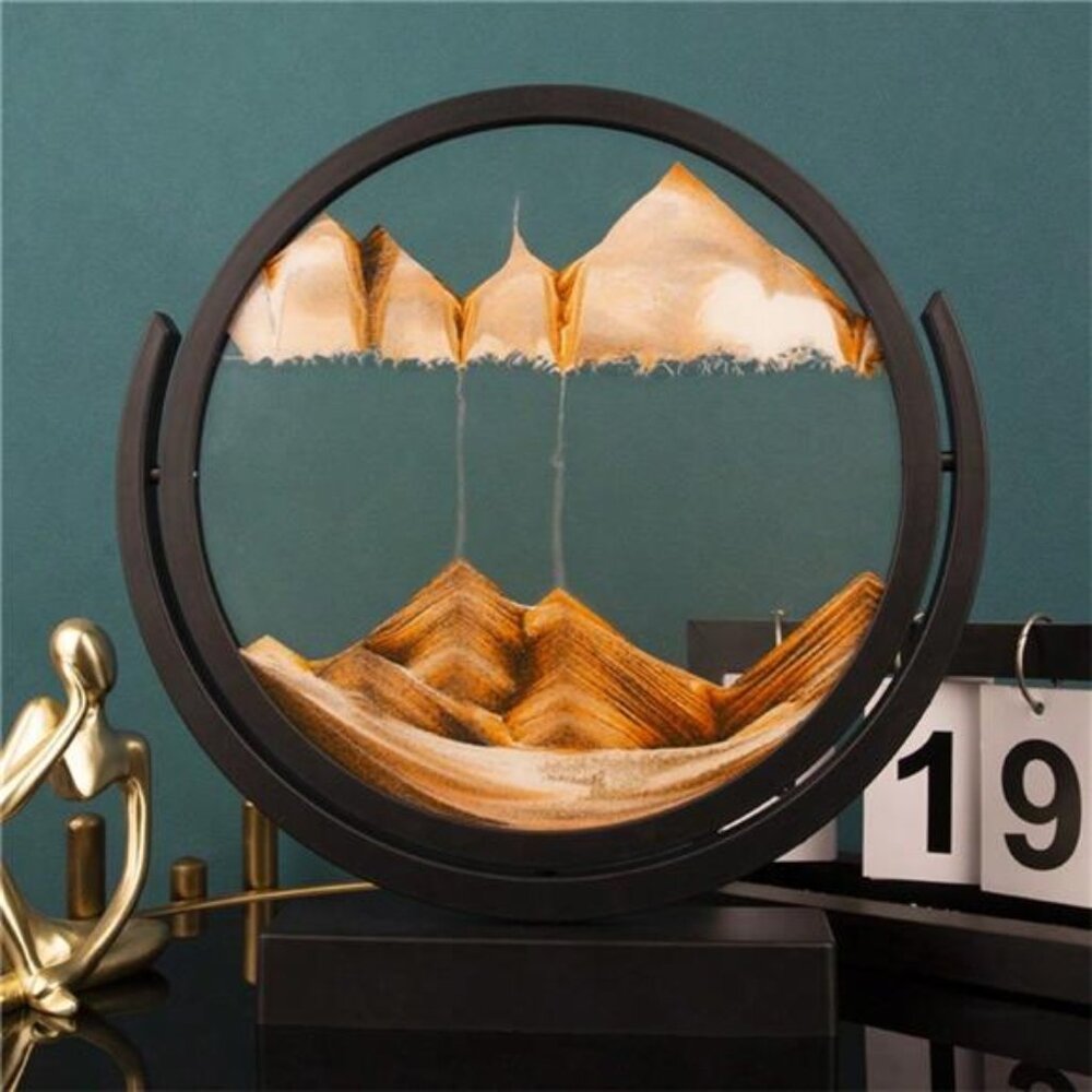 8 Inch 3D Flip Round Black Frame Liquid Sand Art, Hourglass Glass Ornament Gift